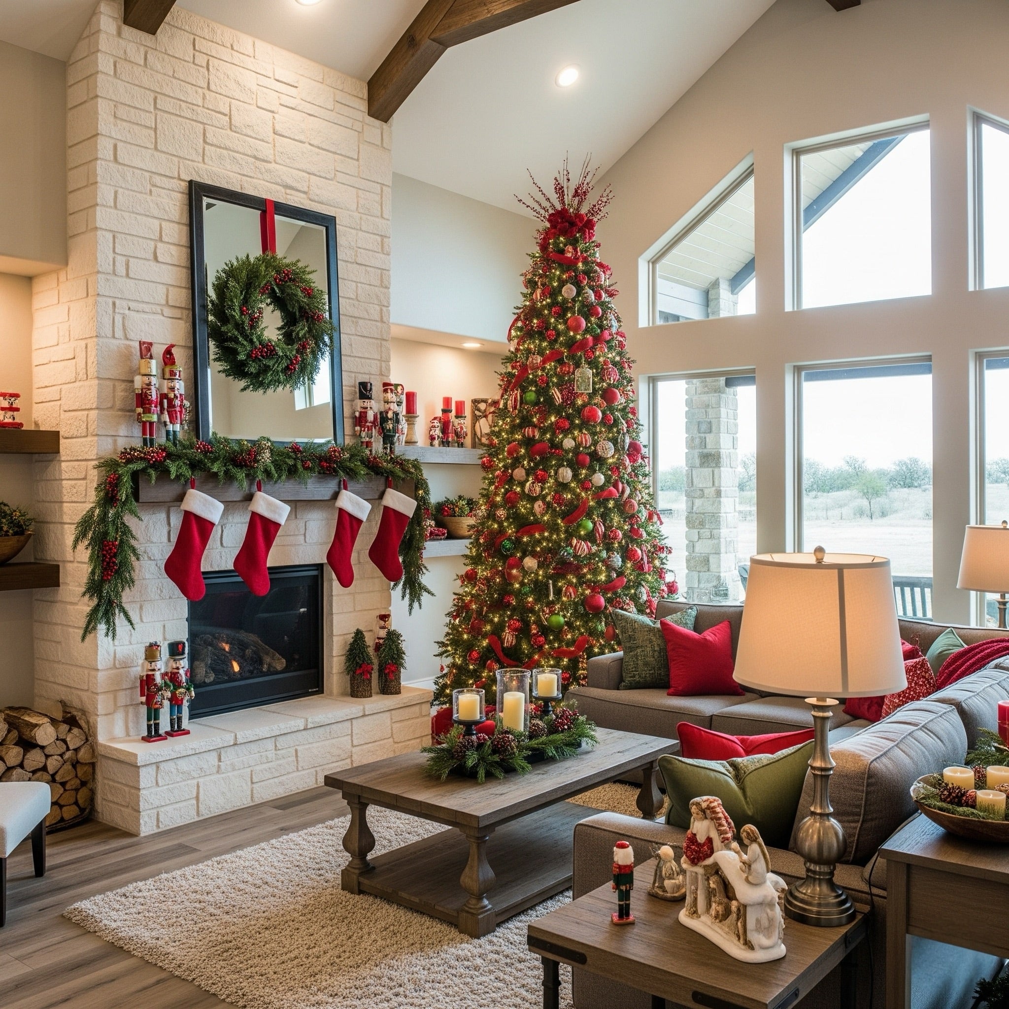 Living room decorated for Christmas with a tree, stockings, and candles.