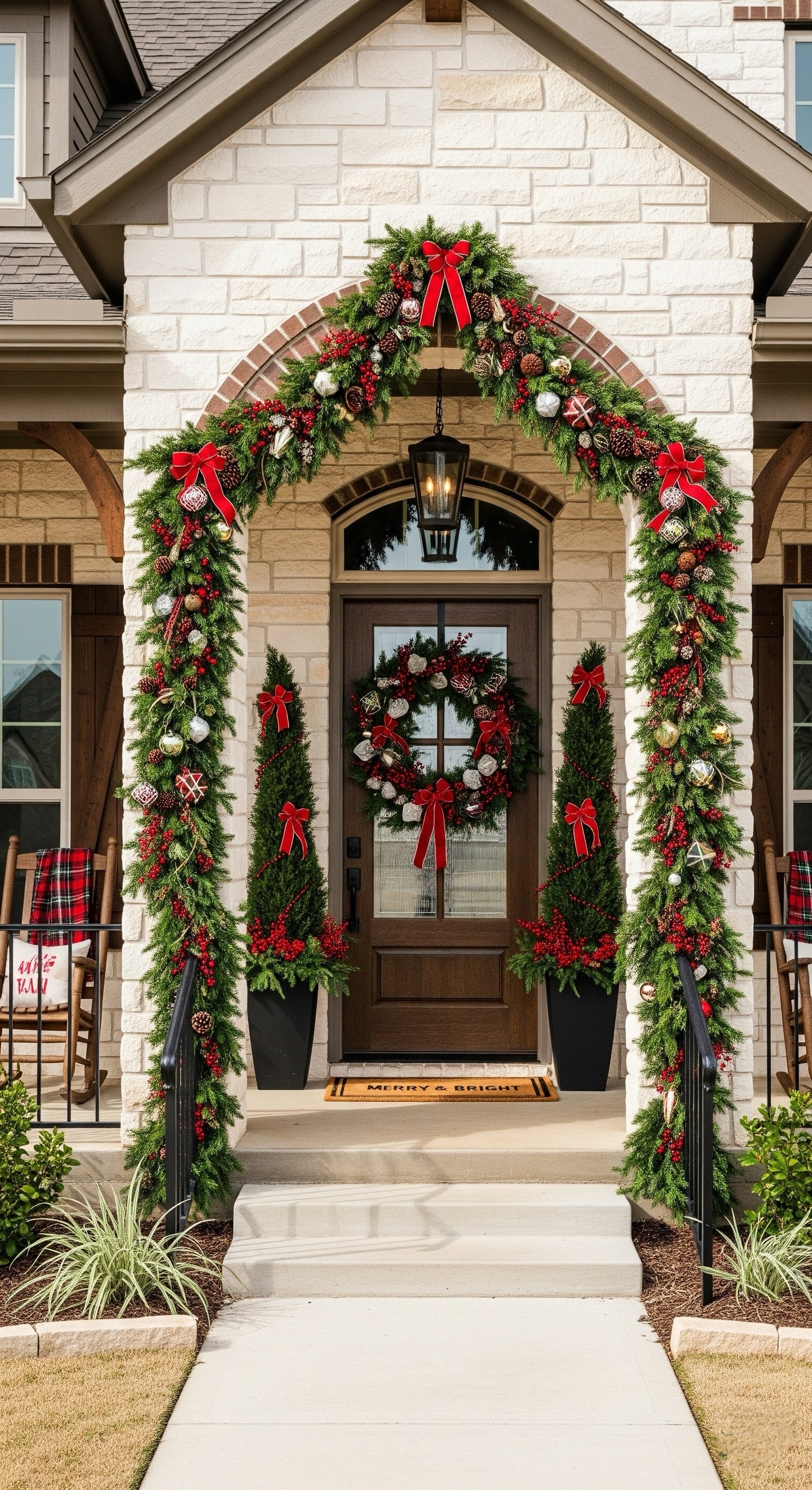 Decorative Christmas wreath and garland on a house entrance
