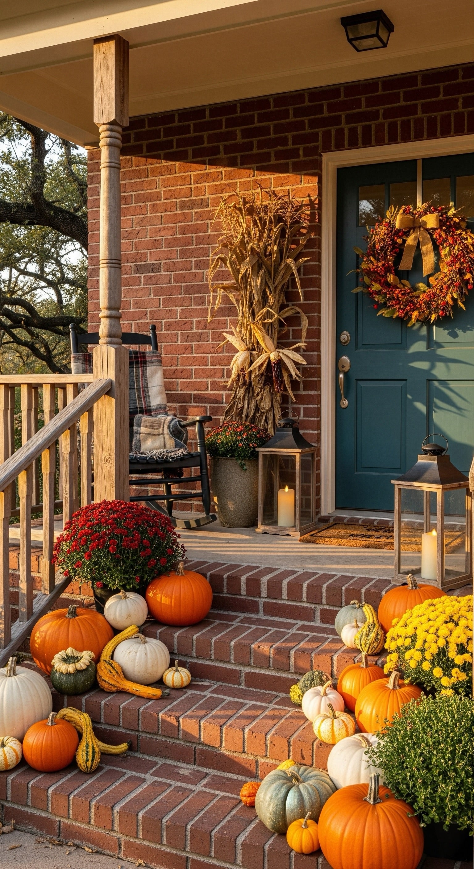 Front porch decorated for fall with pumpkins, mums, and a wreath on a blue door.