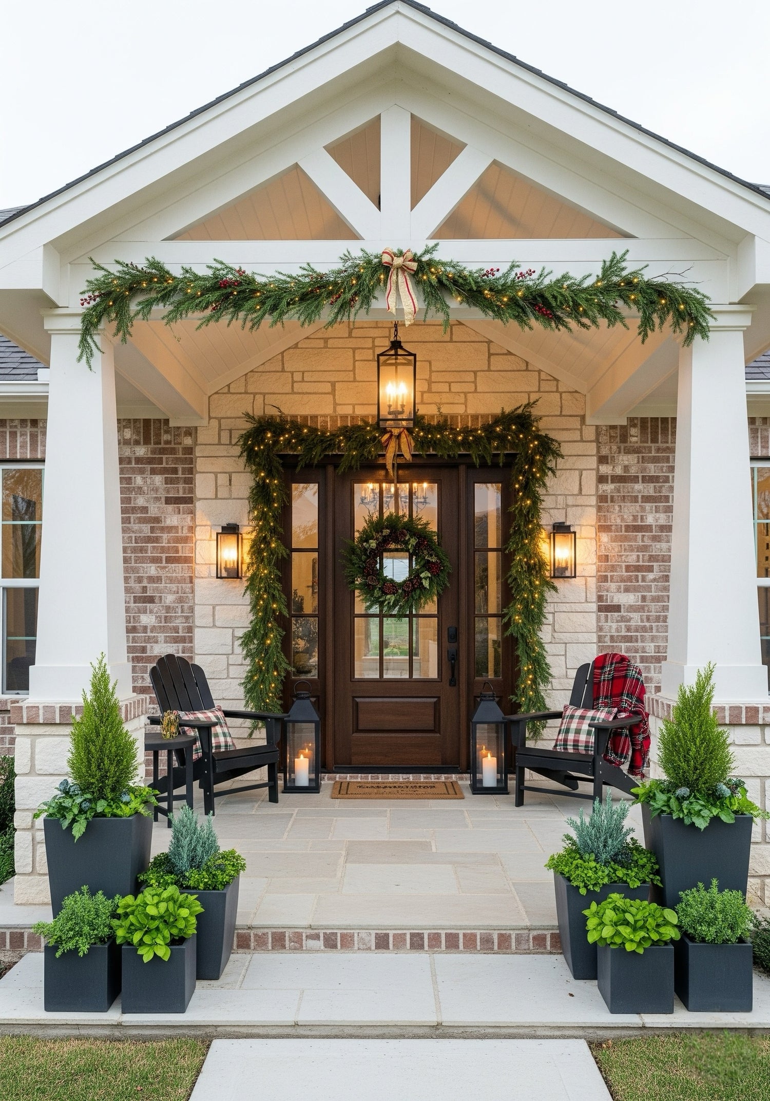 Decorative front porch with Christmas wreath, garland, and potted plants.