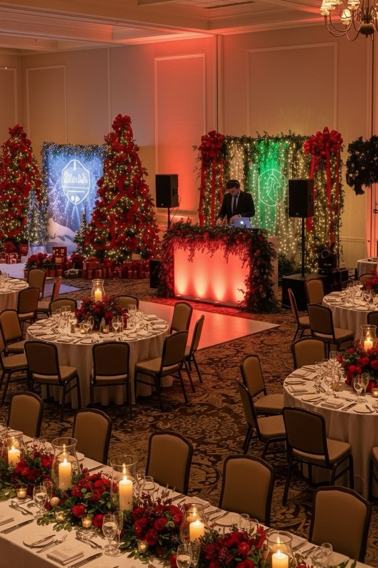 Decorated banquet hall with Christmas trees and table settings.