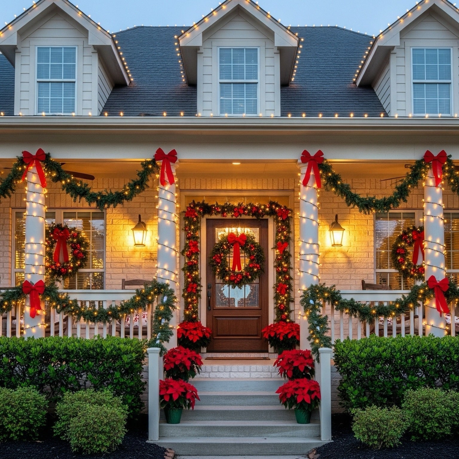 House exterior decorated with Christmas garlands and wreaths on a clear day.