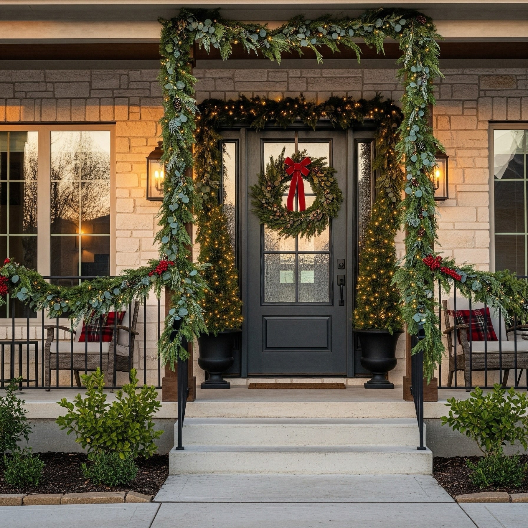 Front porch of a house decorated with Christmas wreath and garlands.